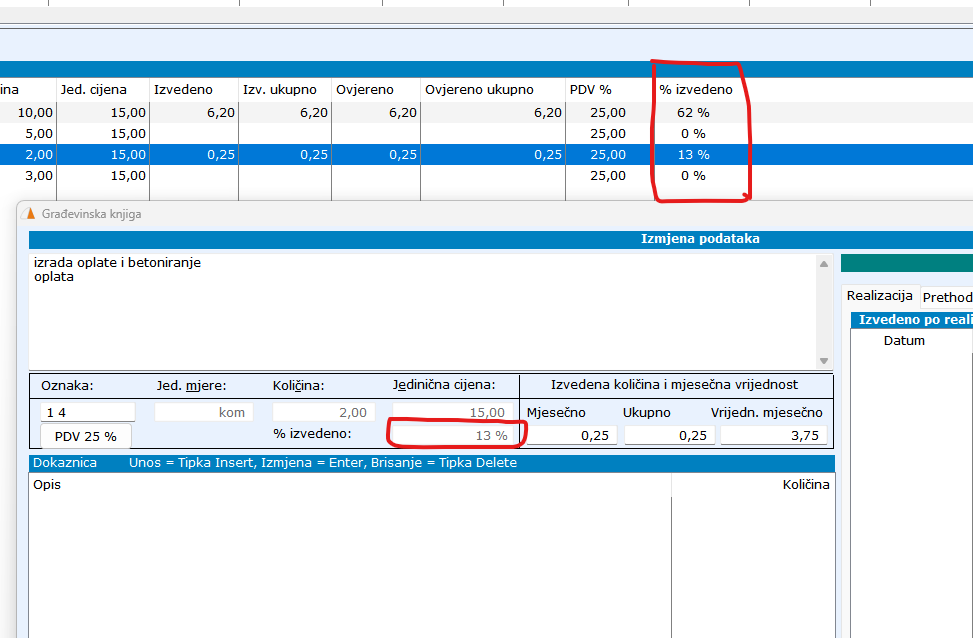 Postotak izvedenosti na građevinskoj knjizi